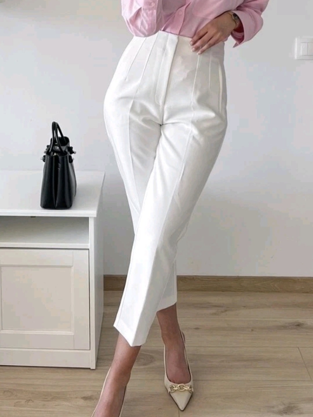 High-Waist White Tailored Ankle Pants